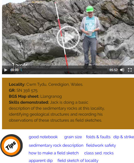 Locality: Cwm Tydu, Ceredigion, Wales. GR: SN 356 575 BGS Map sheet: Llangranog Skills demonstrated: Jack is doing a basic description of the sedimentary rocks at this locality, identifying geological structures and recording his observations of these structures as field sketches. good notebook folds & faults sedimentary rock description class sed. rocks grain size dip & strike fieldwork safety apparent dip field sketch of locality how to make a field sketch