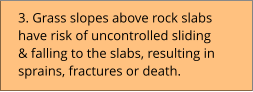 3. Grass slopes above rock slabs  have risk of uncontrolled sliding  & falling to the slabs, resulting in  sprains, fractures or death.