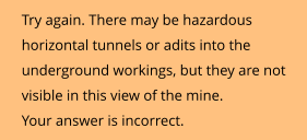 Try again. There may be hazardous horizontal tunnels or adits into the underground workings, but they are not visible in this view of the mine. Your answer is incorrect.