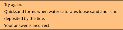 Try again.  Quicksand forms when water saturates loose sand and is not deposited by the tide. Your answer is incorrect.