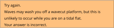 Try again.  Waves may wash you off a wavecut platform, but this is unlikely to occur while you are on a tidal flat. Your answer is incorrect.