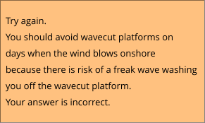 Try again.  You should avoid wavecut platforms on  days when the wind blows onshore because there is risk of a freak wave washing  you off the wavecut platform. Your answer is incorrect.