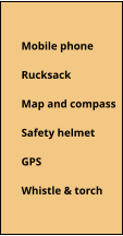 Mobile phone  Rucksack  Map and compass  Safety helmet  GPS  Whistle & torch