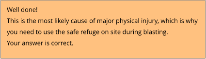 Well done!  This is the most likely cause of major physical injury, which is why  you need to use the safe refuge on site during blasting. Your answer is correct.