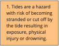 1. Tides are a hazard with risk of becoming stranded or cut off by the tide resulting in exposure, physical injury or drowning.