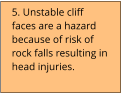 5. Unstable cliff faces are a hazard because of risk of rock falls resulting in head injuries.