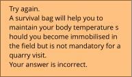 Try again.  A survival bag will help you to  maintain your body temperature s hould you become immobilised in  the field but is not mandatory for a  quarry visit. Your answer is incorrect.