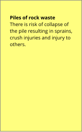 Piles of rock waste  There is risk of collapse of the pile resulting in sprains, crush injuries and injury to others.