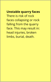 Unstable quarry faces There is risk of rock faces collapsing or rock falling from the quarry face. This may result in: head injuries, broken limbs, burial, death.