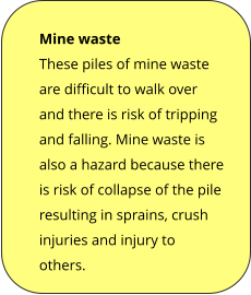 Mine waste These piles of mine waste are difficult to walk over and there is risk of tripping and falling. Mine waste is also a hazard because there is risk of collapse of the pile resulting in sprains, crush injuries and injury to others.